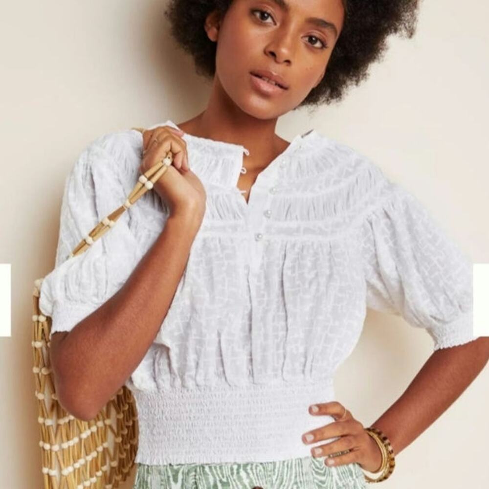Anthropologie Luciella smocked puff short sleeve blouse woman's size small‎